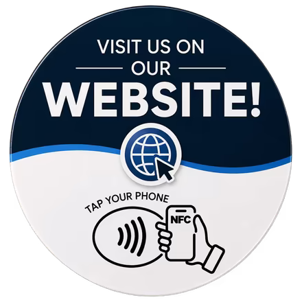 Placa NFC azul marino que abre la web del negocio